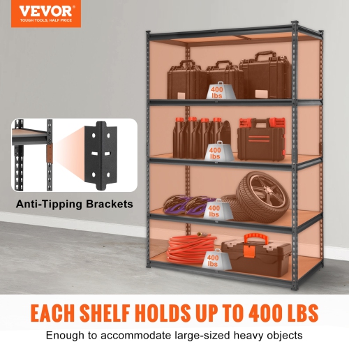 VEVOR 48" L x 24" W x 72" H Storage Shelving Unit, 5-Tier Adjustable, 2000 lbs Capacity, Heavy Duty Garage Shelves Metal Organizer Utility Rack,