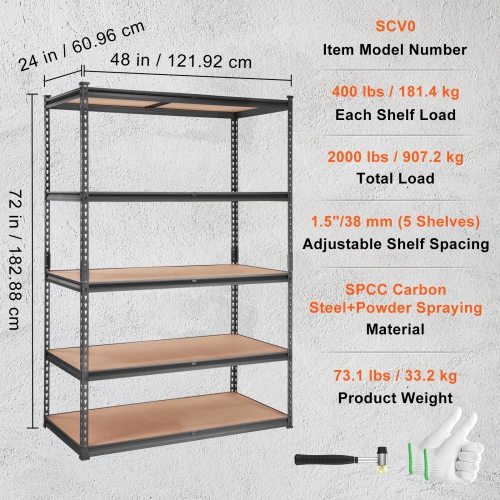 VEVOR 48" L x 24" W x 72" H Storage Shelving Unit, 5-Tier Adjustable, 2000 lbs Capacity, Heavy Duty Garage Shelves Metal Organizer Utility Rack,