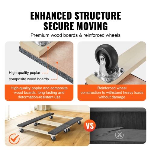 VEVOR 18" x 30" Furniture Dolly, 1000 lbs Each Load Capacity, 2 Packs, 8 x 3" PP Swivel Casters, Heavy Duty Hardwood Furniture Moving Dolly, Mover's