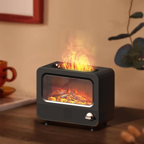 Fireplace Flame Aromatherapy Diffuser Humidifier Home Desktop Retro Fireplace Flame Atmosphere Light Atomizer Black Retro