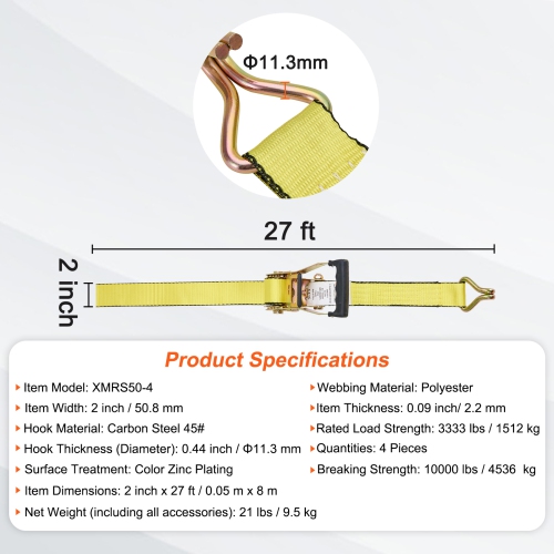 VEVOR Ratchet Tie Down Straps, 10000 lb Break Strength, Double J Hook Includes 4 2" x 27' Rachet Tie Downs with Handles,for Moving Securing Cargo,