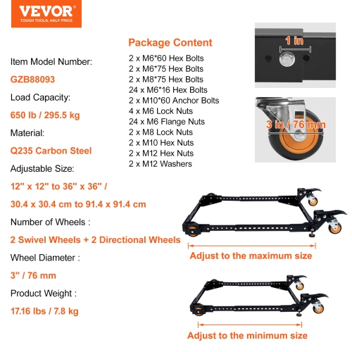 VEVOR 650 lbs Weight Capacity Mobile Base, Adjustable from 12" x 12" to 36" x 36", Universal Base Stand with Swivel Wheels,for Woodworking Equipment,