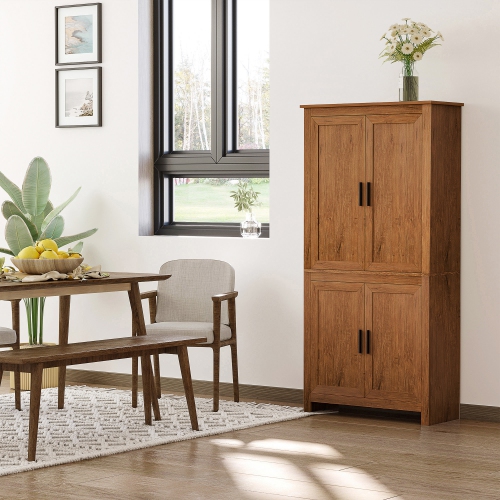 HOMCOM 64" Tall Kitchen Pantry Cabinet, Kitchen Pantry Storage Cabinet with 4 Doors and 3 Adjustable Shelves, Oak