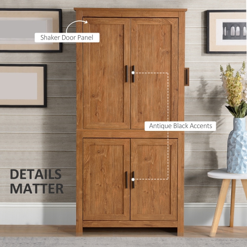 HOMCOM 64" Tall Kitchen Pantry Cabinet, Kitchen Pantry Storage Cabinet with 4 Doors and 3 Adjustable Shelves, Oak