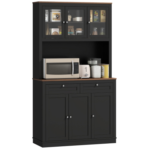 HOMCOM  71" Pantry Cabinet \w Microwave Countertop, Tall Kitchen Hutch \w 2 Drawers, Freestanding Storage Cabinet \w Adjustable Shelves, Glass And