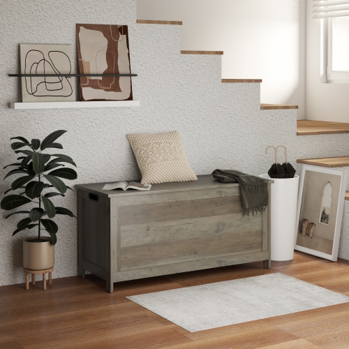 HOMCOM – Coffre de rangement moderne avec 2 charnières de sécurité et poignées découpées, banc de rangement pour le salon, banc à chaussures pour