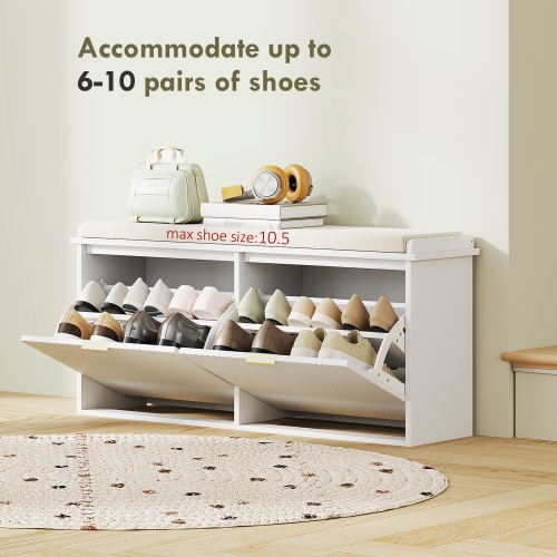 HOMCOM Shoe Bench with Padded Seat Cushion and Flip-Drawers, Entryway Bench Holds up to 529lb, Shoe Organizer for Living Room, Holds 10 Pairs, 40.9 x