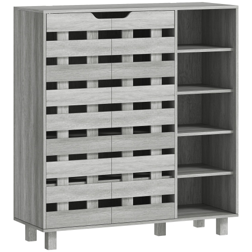 Image 1 of 9.. HOMCOM Modern Shoe Cabinet with Hollowed-Out Doors and 5-tier Open Shelves, 21 Pair Shoe Storage Cabinet for Entryway, Hallway, Distressed Light Grey