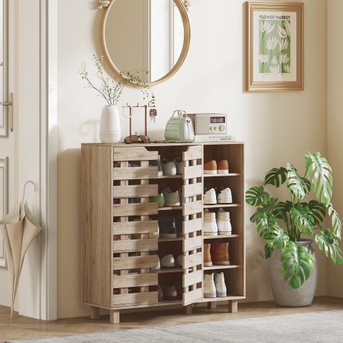 HOMCOM Modern Shoe Cabinet with Hollowed-Out Doors and 5-tier Open Shelves, 21 Pair Shoe Storage Cabinet for Entryway, Hallway, Living Room, Beige