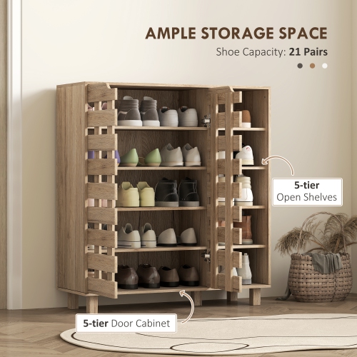HOMCOM Modern Shoe Cabinet with Hollowed-Out Doors and 5-tier Open Shelves, 21 Pair Shoe Storage Cabinet for Entryway, Hallway, Living Room, Beige