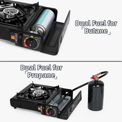 Dual Fuel Stove with Butane & Propane Compatibility, Portable Camping Stove for Outdoor Cooking, Propane Adapter Hose and Carrying Case