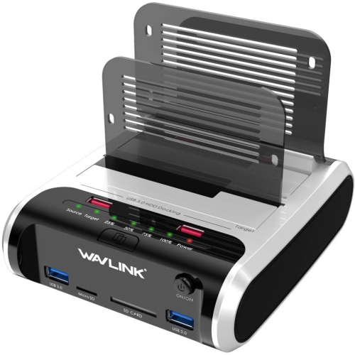 WAVLINK USB 3.0 Dual Bay External Hard Drive Docking Station with Offline Clone Function for 2.5/3.5 Inch SATA HDD/SSD, Max 10TB per Bay, SD/TF Card