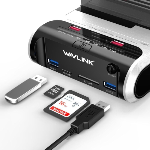 WAVLINK USB 3.0 Dual Bay External Hard Drive Docking Station with Offline Clone Function for 2.5/3.5 Inch SATA HDD/SSD, Max 10TB per Bay, SD/TF Card