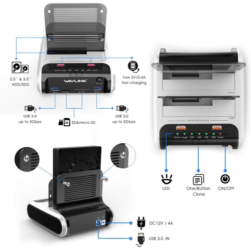 WAVLINK USB 3.0 Dual Bay External Hard Drive Docking Station with Offline Clone Function for 2.5/3.5 Inch SATA HDD/SSD, Max 10TB per Bay, SD/TF Card