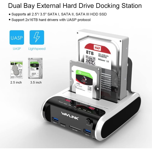 WAVLINK USB 3.0 Dual Bay External Hard Drive Docking Station with Offline Clone Function for 2.5/3.5 Inch SATA HDD/SSD, Max 10TB per Bay, SD/TF Card
