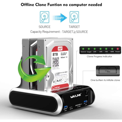 WAVLINK USB 3.0 Dual Bay External Hard Drive Docking Station with Offline Clone Function for 2.5/3.5 Inch SATA HDD/SSD, Max 10TB per Bay, SD/TF Card