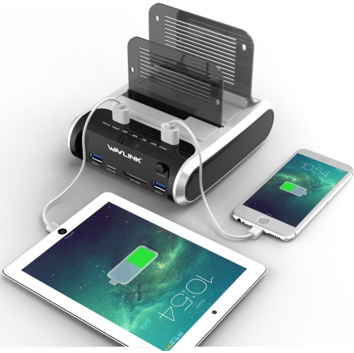 WAVLINK USB 3.0 Dual Bay External Hard Drive Docking Station with Offline Clone Function for 2.5/3.5 Inch SATA HDD/SSD, Max 10TB per Bay, SD/TF Card