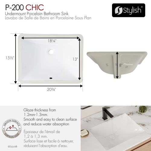 20.75" W x 15.5" D White Rectangular Undermount Bathroom Sink
