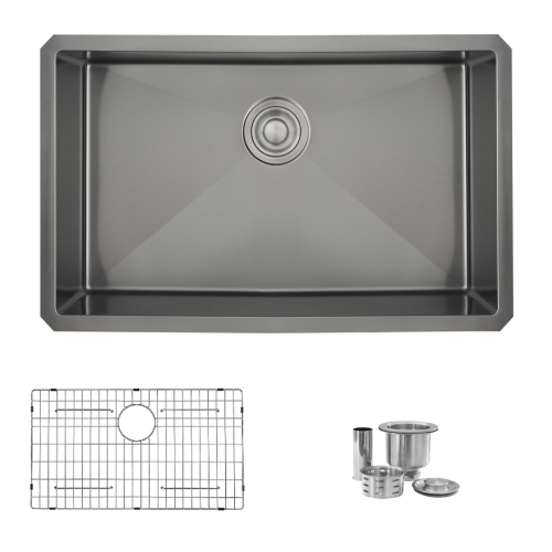 STYLISH 30 inch Graphite Black Single Bowl Undermount Stainless Steel Kitchen Sink with Grid and Basket Strainer S-711XN