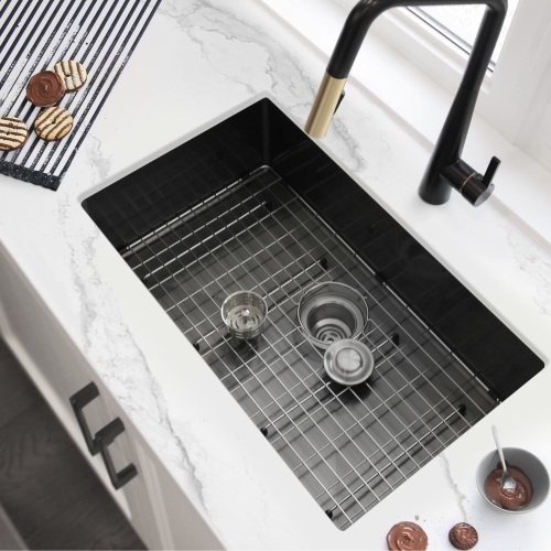 STYLISH 30 inch Graphite Black Single Bowl Undermount Stainless Steel Kitchen Sink with Grid and Basket Strainer S-711XN