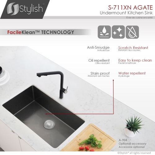 STYLISH 30 inch Graphite Black Single Bowl Undermount Stainless Steel Kitchen Sink with Grid and Basket Strainer S-711XN