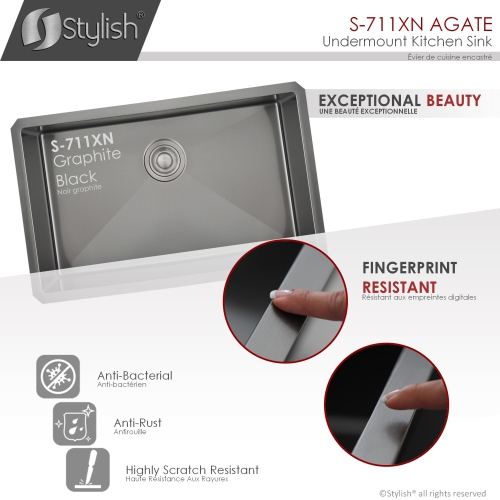 STYLISH 30 inch Graphite Black Single Bowl Undermount Stainless Steel Kitchen Sink with Grid and Basket Strainer S-711XN