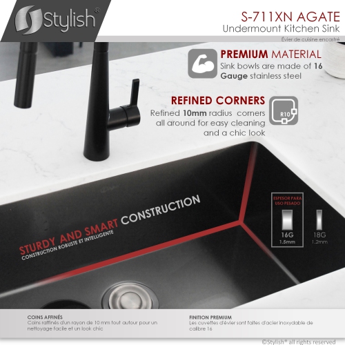 STYLISH 30 inch Graphite Black Single Bowl Undermount Stainless Steel Kitchen Sink with Grid and Basket Strainer S-711XN