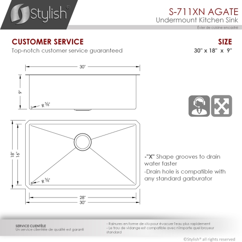 STYLISH 30 inch Graphite Black Single Bowl Undermount Stainless Steel Kitchen Sink with Grid and Basket Strainer S-711XN