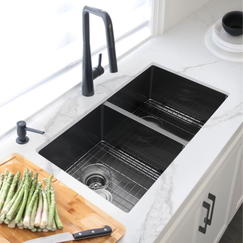 32 inch Graphite Black Double Bowl Undermount Stainless Steel Kitchen Sink with Grids and Basket Strainers S-701XN