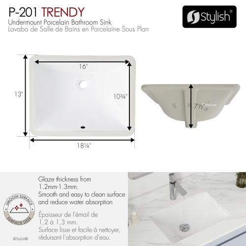 18.25"W x 13"D White Rectangular Undermount Bathroom Sink