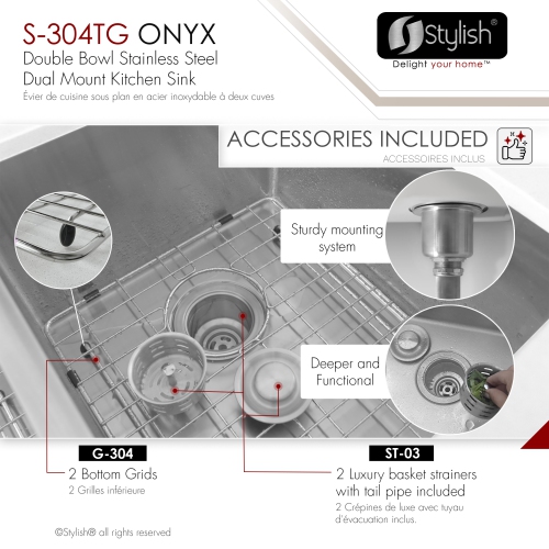 Stylish Dual-Mount 30 inch Stainless Steel 18 G Double Bowl Kitchen Sink with Grids S-304TG