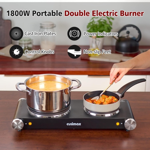 CUSIMAX 900W+900W Double Hot Plates, Cast Iron hot plates, Electric Cooktop, Hot Plates for Cooking Portable Electric Double Burner, Black Stainless