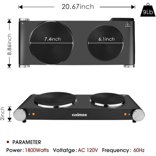 CUSIMAX 900W+900W Double Hot Plates, Cast Iron hot plates, Electric Cooktop, Hot Plates for Cooking Portable Electric Double Burner, Black Stainless