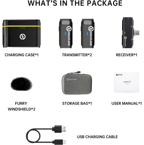 Hollyland Lark C1 Lavalier Microphone for Android, Plug and Play, Noise Cancelling Lapel Mic with 656ft Transmission, 32H Working Time, Android