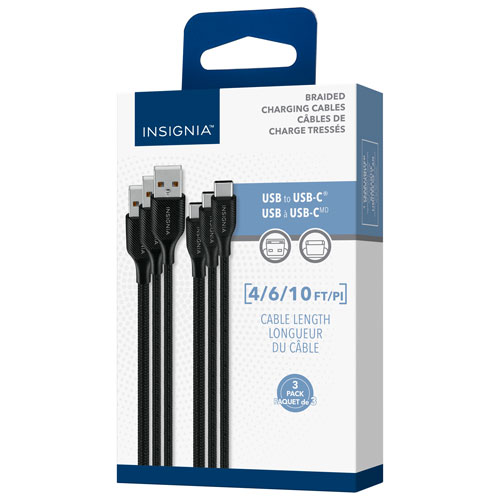 Insignia 3m/1.8 m/1.2m Braided USB-C to USB-A Cables - Set of 3 -Charcoal - Only at Best Buy