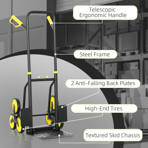 DURHAND 6-Wheels Stair Climber Hand Truck, Dolly Heavy Duty Folding Steel Load Cart with Adjustable Telescoping Handle for Moving, Luggage, 264lbs