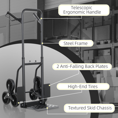 DURHAND 6-Wheels Stair Climber Hand Truck, Dolly Heavy Duty Folding Steel Load Cart with Adjustable Telescoping Handle for Moving, Luggage, 264lbs