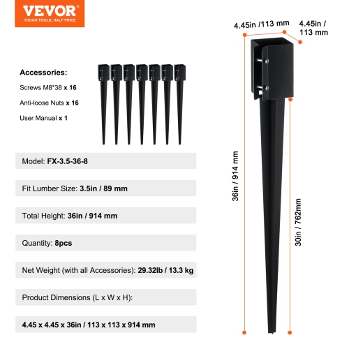 VEVOR 8 Pack Fence Post Anchor Ground Spike, 36 x 4 x 4 Inches Outer Diameter, Metal Black Powder Coated Post Stake Ground,for Mailbox Deck Garden