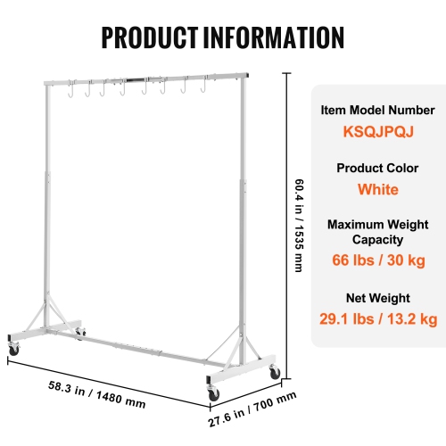 VEVOR Painting Rack, 5 ft-7 ft Adjustable Height, 66 lbs Capacity Automotive Paint Rack Stand, 8 Hooks Painting Drying Rack with 4 Swiveling Wheels,