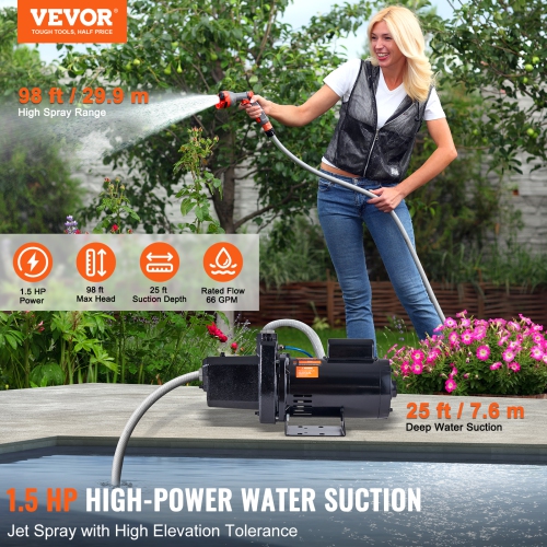 VEVOR 1.5 HP Cast Iron Sprinkler/Irrigation Pump, 115/230 Volt,66 GPM 3450 RPM Well Jet Water Pump Booster,1'' NPT Outlet 1-1/4'' NPT Inlet Lake Lawn