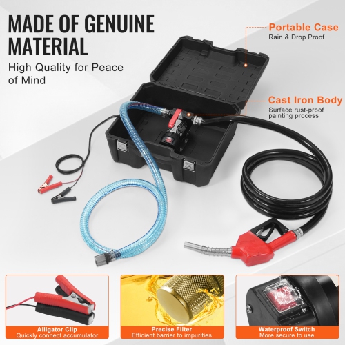 VEVOR 12V DC 10 GPM 1/4 HP, Portable Electric Diesel Transfer Pump with Automatic Shut-Off Fuel Nozzle, High Flow, Long Inlet & Outlet Hose for