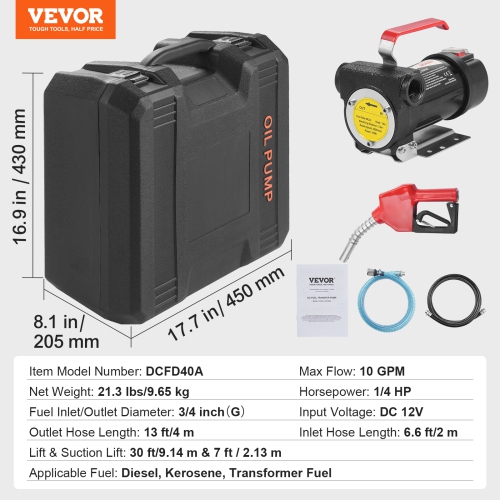 VEVOR 12V DC 10 GPM 1/4 HP, Portable Electric Diesel Transfer Pump with Automatic Shut-Off Fuel Nozzle, High Flow, Long Inlet & Outlet Hose for