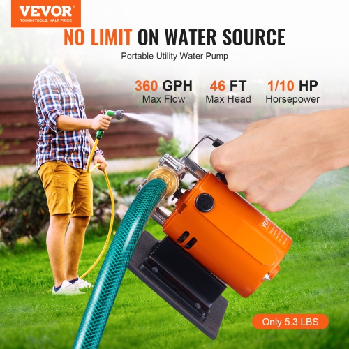 VEVOR 120V AC 360 GPH 1/10 HP, Portable Electric Utility Pump with 6 ft Suction Hose Kit, Carbon Brushes, Impeller, Suction Strainer, for Garden,