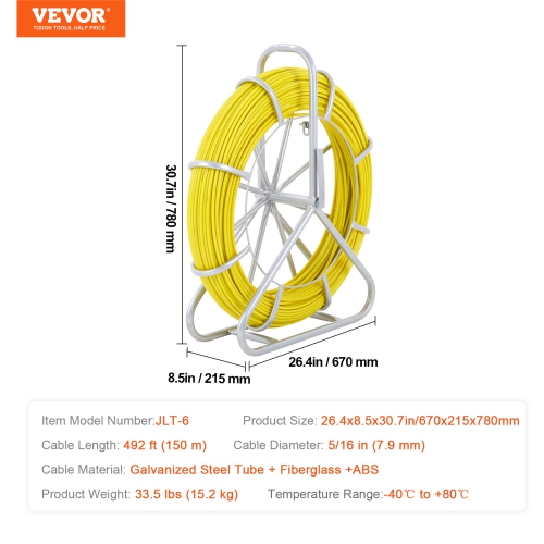 VEVOR 492 ft Fish Tape Fiberglass, 5/16 in, Duct Rodder Wire Puller, Cable Running Rod with Steel Reel Stand, 3 Pulling Heads, Fishing Tools for