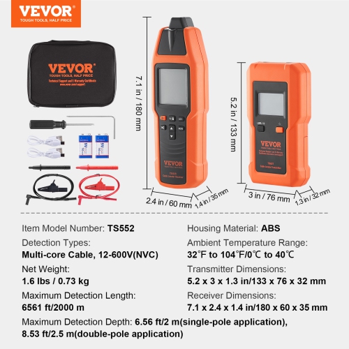 VEVOR 3 FT Detection Depth,Subterranean Wire Tracker, Voltage Range 12-600V,Circuit and Line Break Locator, Extends to 6561 FT for Underground