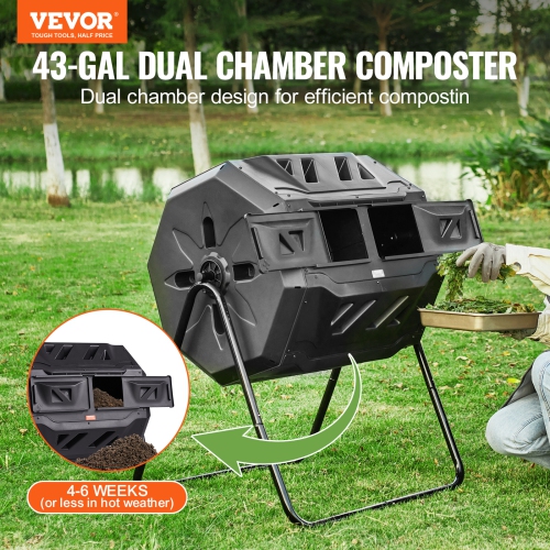 VEVOR 43-Gal Compost Bin, Dual Chamber Tumbler, Tumbling Rotating Composter with 2 Sliding Doors and Steel Frame, BPA Free Composter Bin Tumbler for