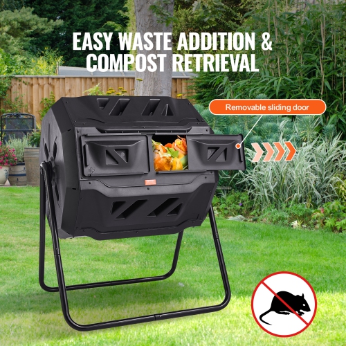 VEVOR 43-Gal Compost Bin, Dual Chamber Tumbler, Tumbling Rotating Composter with 2 Sliding Doors and Steel Frame, BPA Free Composter Bin Tumbler for