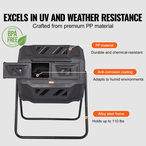 VEVOR 43-Gal Compost Bin, Dual Chamber Tumbler, Tumbling Rotating Composter with 2 Sliding Doors and Steel Frame, BPA Free Composter Bin Tumbler for