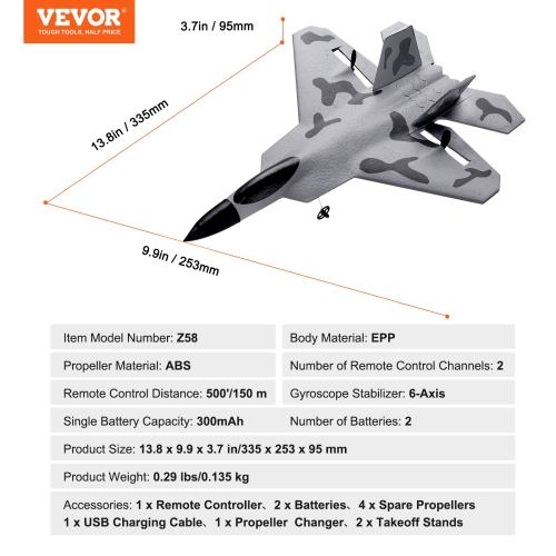 VEVOR RC Plane, 2.4GHZ 2 Channel Remote Control Airplane with 6-Axis Gyro Stabilizer, Ready to Fly Fighter Aircraft Plane Toy with 2 Batteries, for