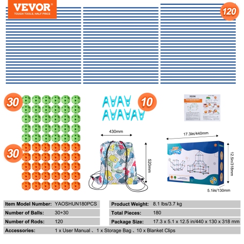 VEVOR 180PCS Fort Building Kit for Kids, STEM Building Toys,Educational Gift for 4 5 6 7 8+ Year Old Boys & Girls, Indoor Outdoor Play Tent Builder